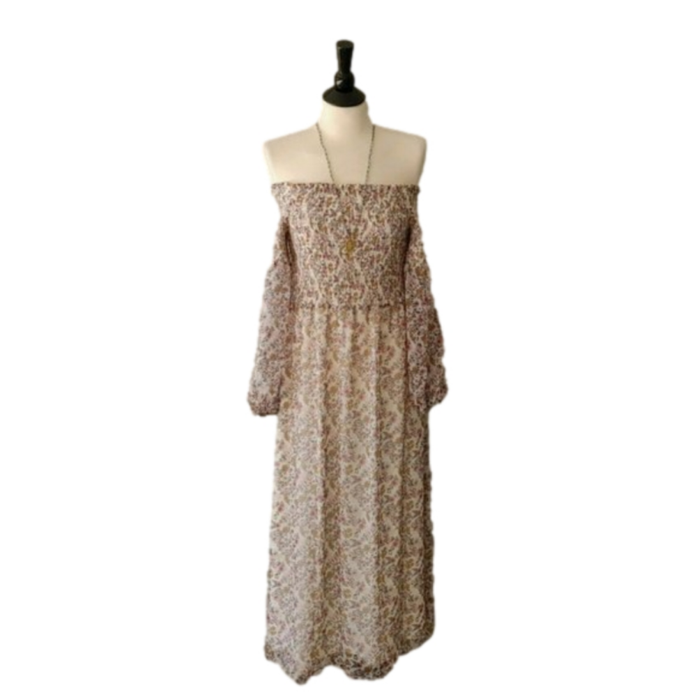 CeCe Abbey Floral Smocked Off-The-Shoulder Maxi Dress Sheer Sleeves Size S